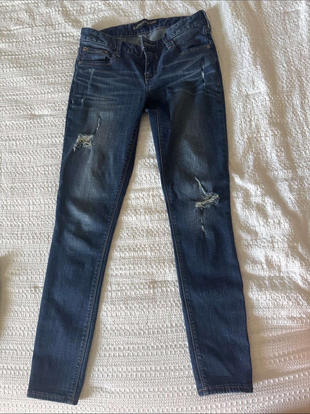 Express Dark Blue Skinny Jeans with Distressed Knees